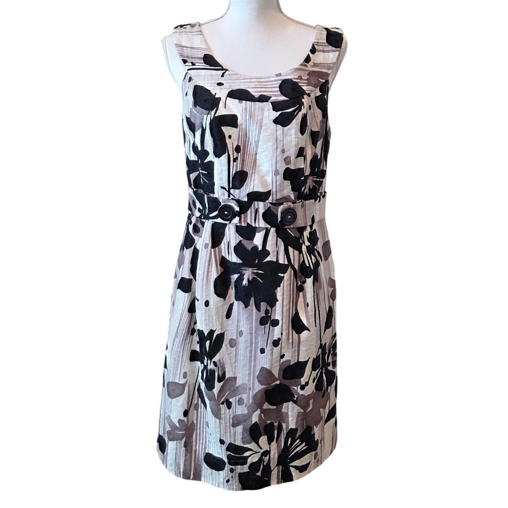 Amanda Lane Floral Sheath Dress Belted Textured Cotton Black Taupe Size 6